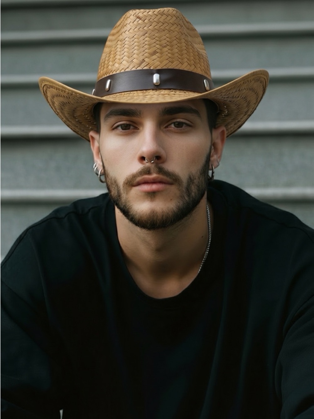 Woven Straw Western Cowboy Hat with Brown Leather Band